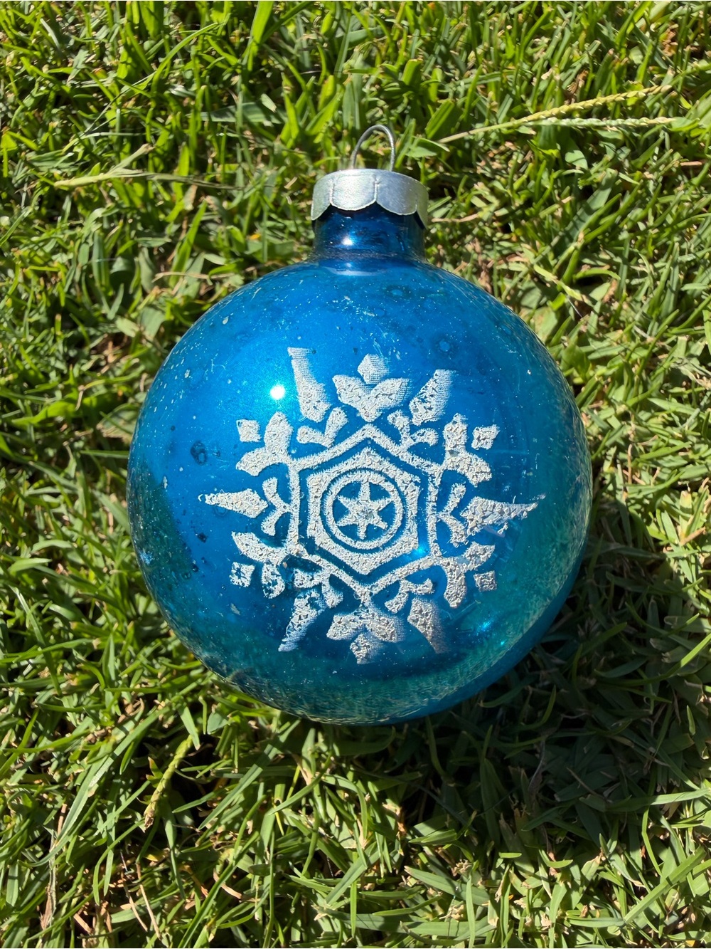 VTG Blue Mercury Glass Stenciled Christmas Ornament Snowflakes 3”